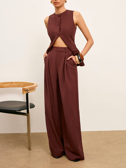 Mid-Waist Wide-Leg Pants With Pockets