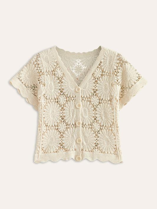 Crochet Floral Button-Front Cardigan