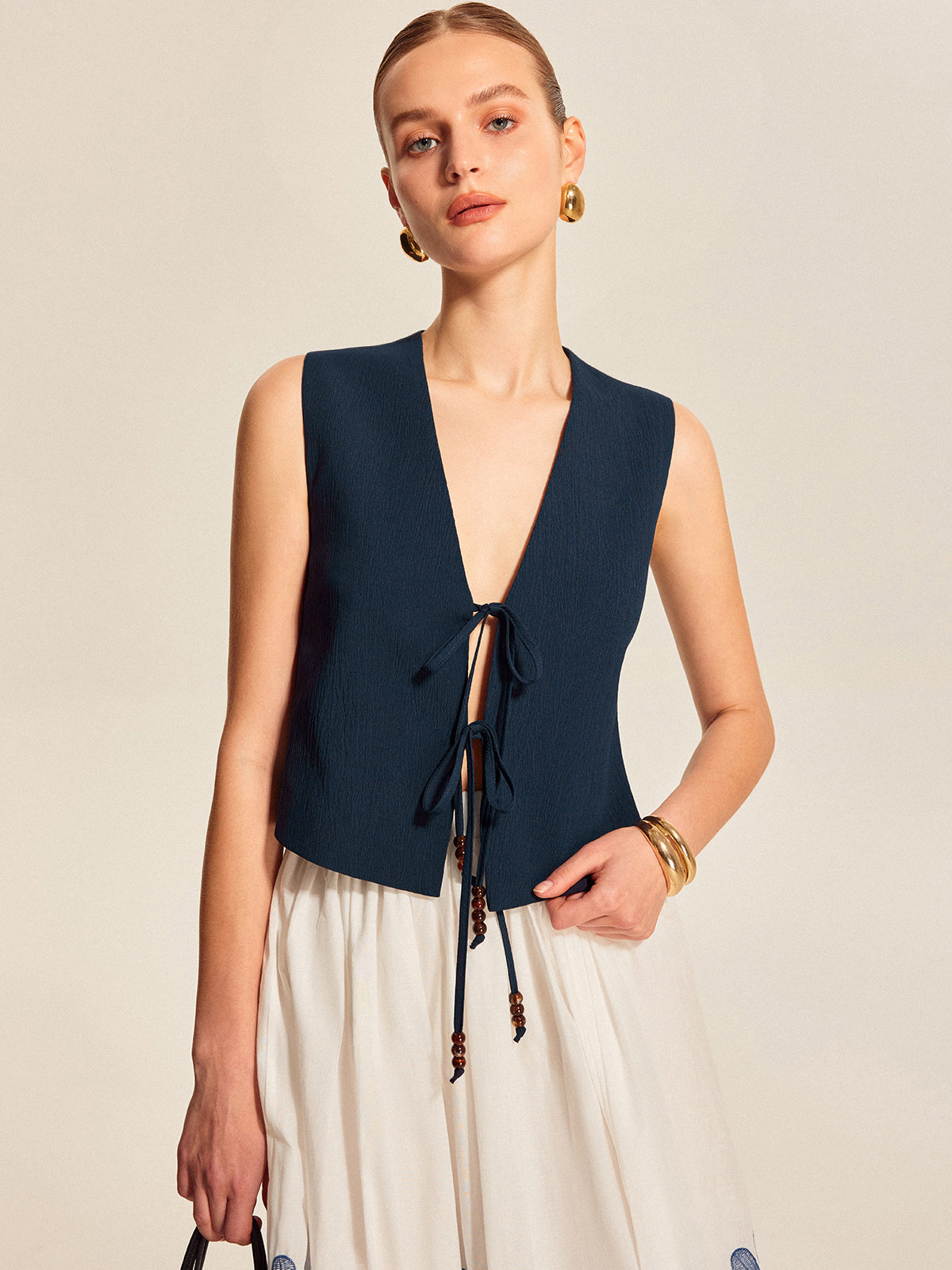 Tie Front Beaded Sleeveless Top