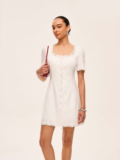 Cotton & Linen Lace-Trimmed Button-Detail Dress