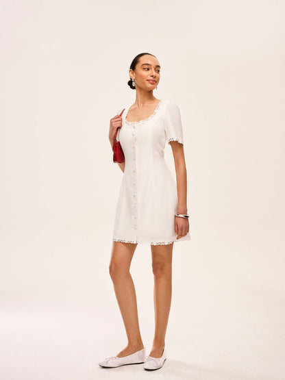 Cotton & Linen Lace-Trimmed Button-Detail Dress