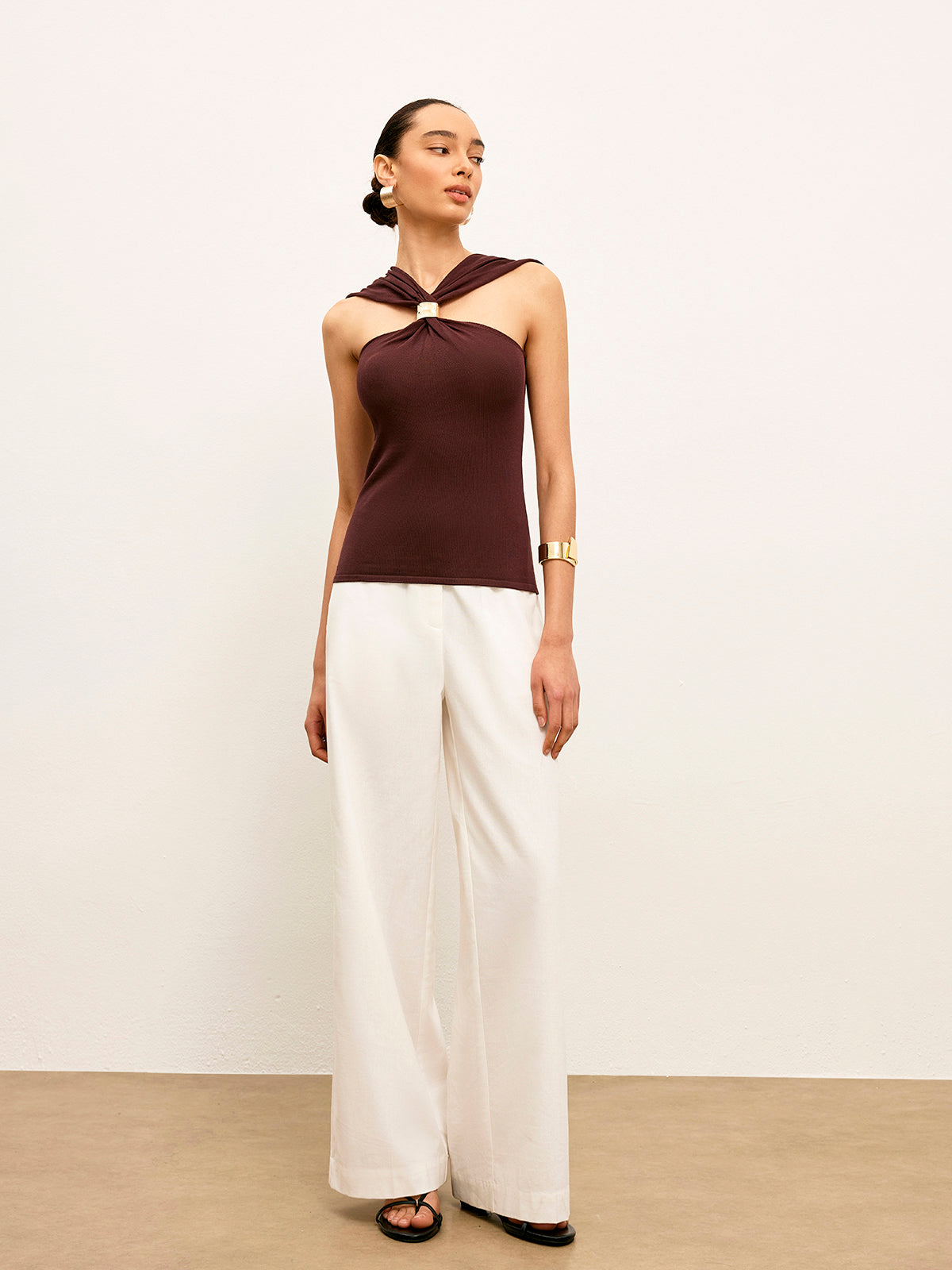 Knitted Twist Front Top With Gold Detail