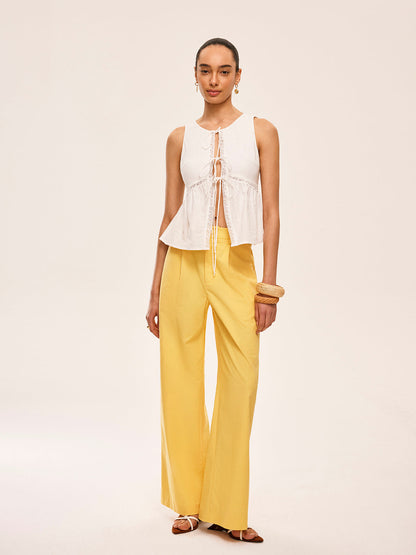 Cotton Lace-Up Detail Semi-Sheer Top