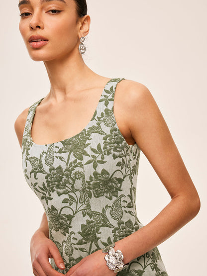 Floral Print Square Neck Dress With Side Slit