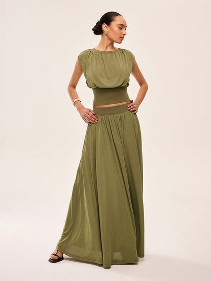 Gathered Waist Top With Flowy Skirt Set