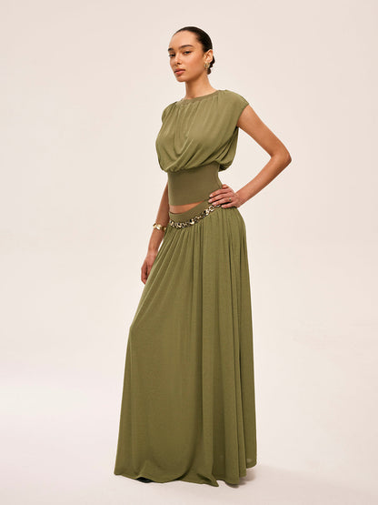 Gathered Waist Top With Flowy Skirt Set