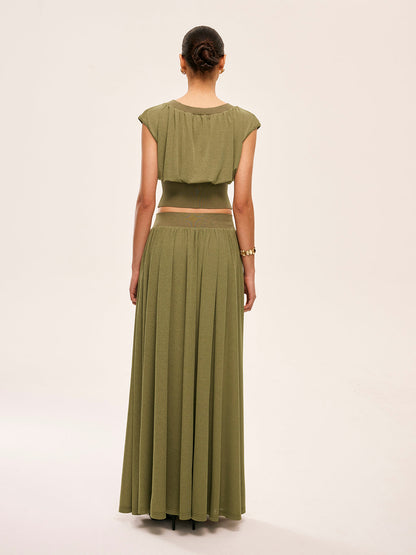 Gathered Waist Top With Flowy Skirt Set