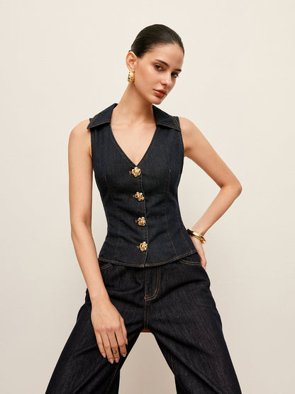 Denim Collared Vest With Floral Button Detail