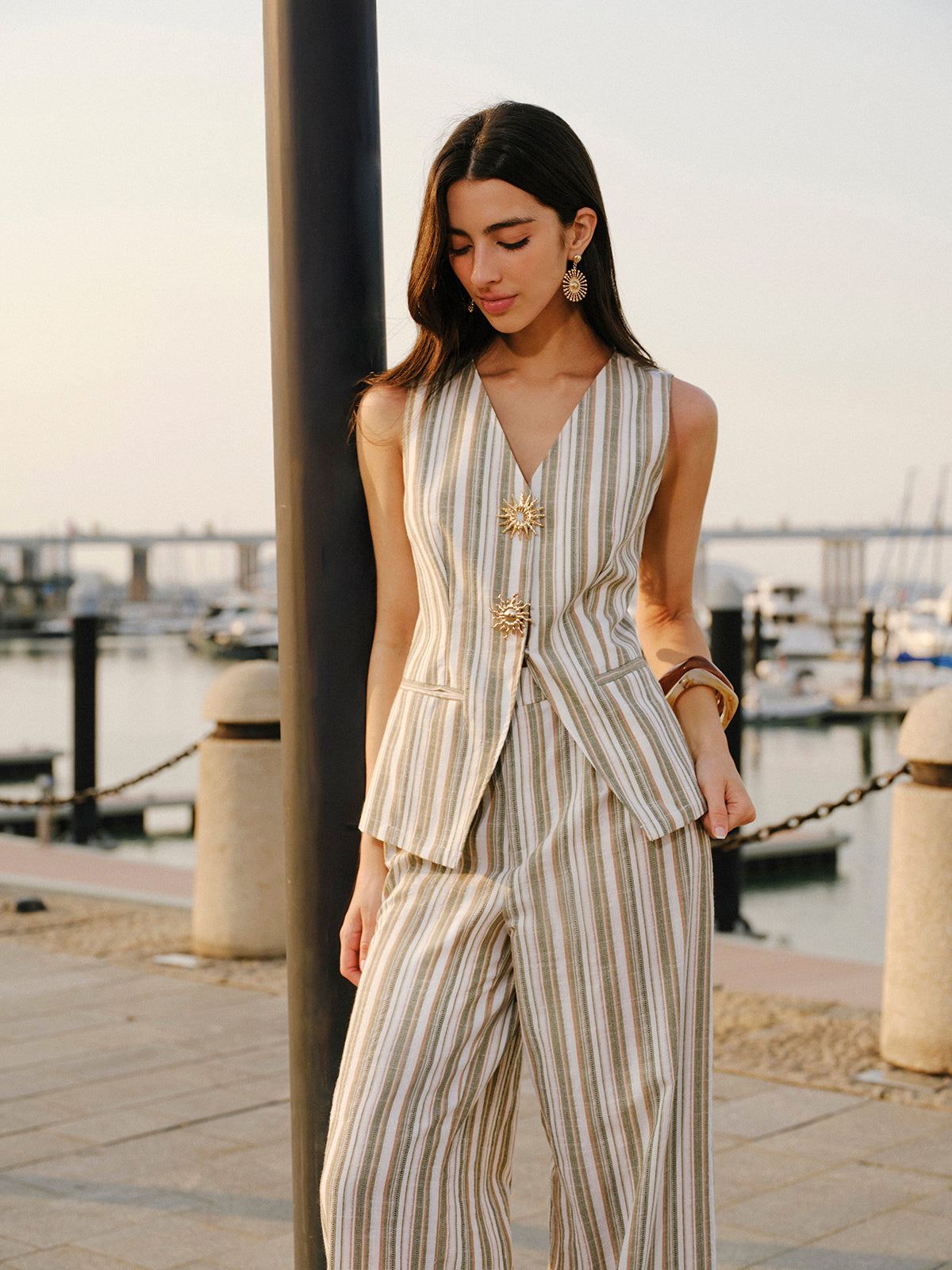 Linen & Cotton Metal Detail V- Neck Striped Vest