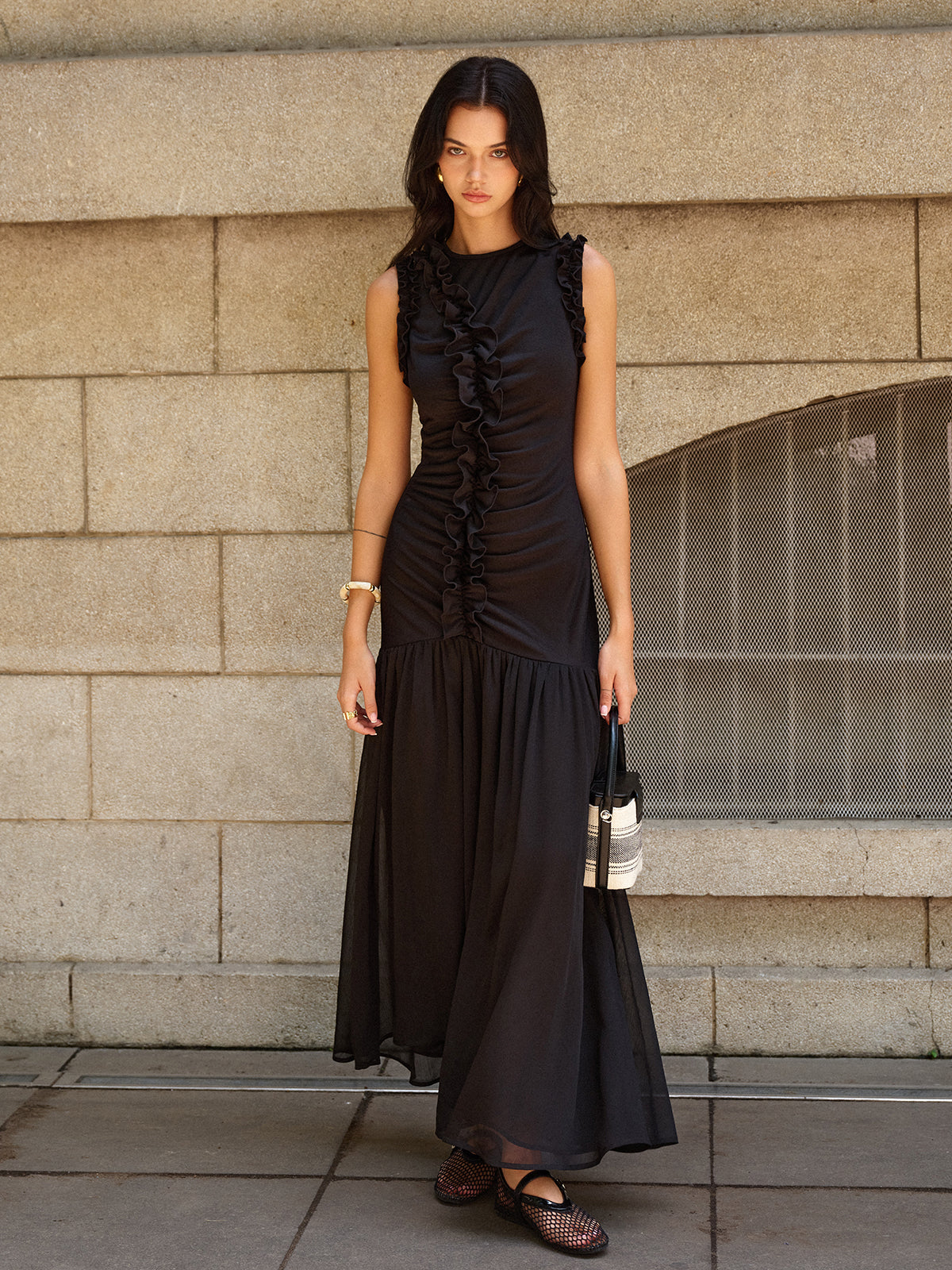 Ruffled Detail Ruched-Front Maxi Dress