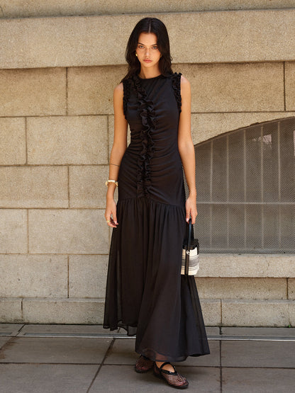 Ruffled Detail Ruched-Front Maxi Dress