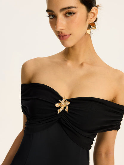 Semi-Sheer Off-Shoulder Ruched Mesh-Paneled Maxi Dress