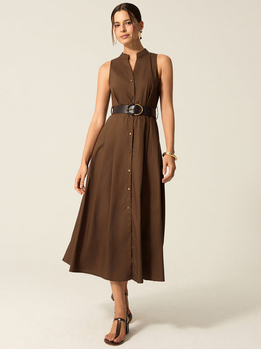 Belted Button-Front Midi Dress
