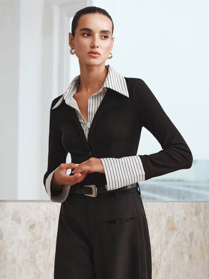 Mock Two-Piece Long-Sleeve Two Tone Polo Top