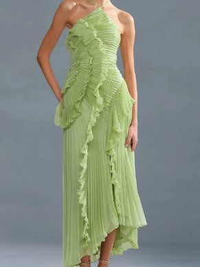 Halter Neck Ruffled Chiffon Maxi Gown With Irregular Hem For Special Events 2026