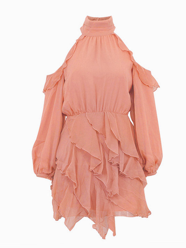 High Neck Cold Shoulder Ruffle Layered Lantern Sleeve Mini Dress For Women 2026