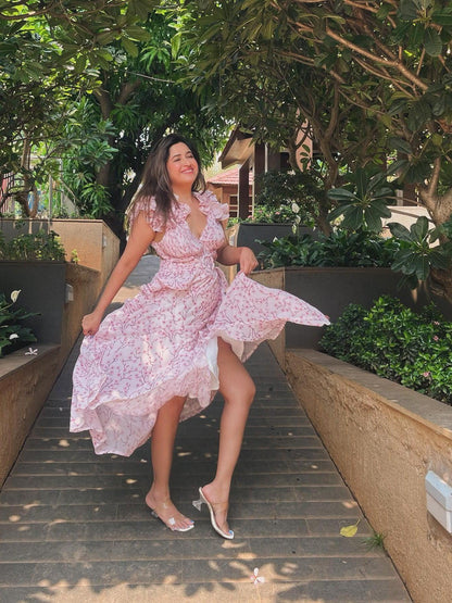 Floral Print Hollow Out Cutout Deep V Plunge Ruffled Backless Dress