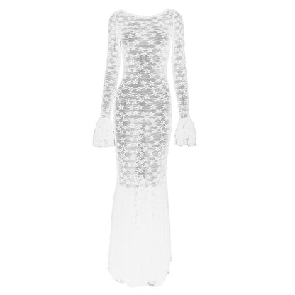 Long flared sleeve lace see through ruched maxi dress