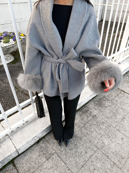 Gray Wool Coat with Fur