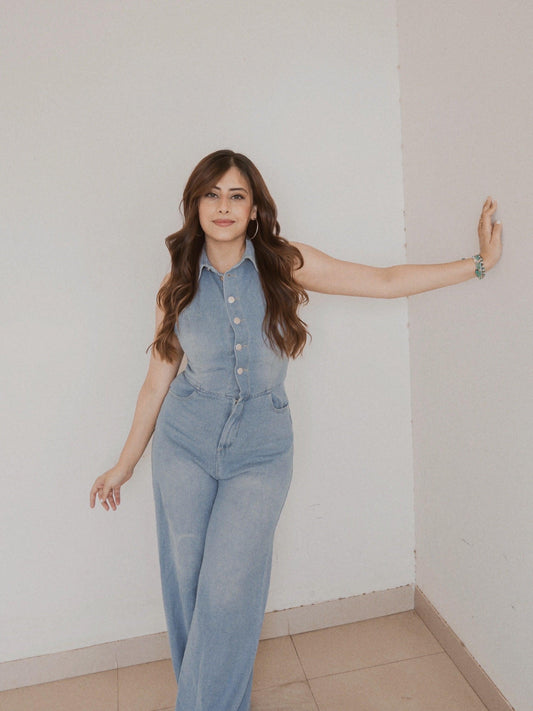 Halterneck Backless Denim Jumpsuit