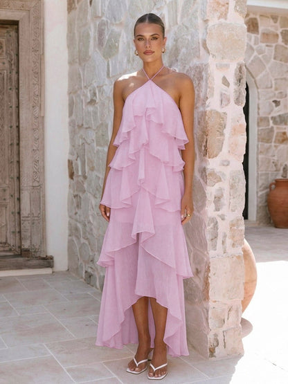 Halter Ruffle Maxi Dress For Women - Elegant Backless Tiered Chiffon High Low Sun Dress - Summer Date Night Outfit 2026