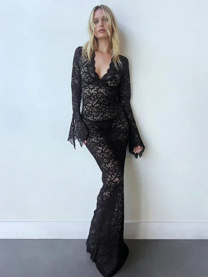 Lace Deep V Neck Flared Sleeve Vacation Dress