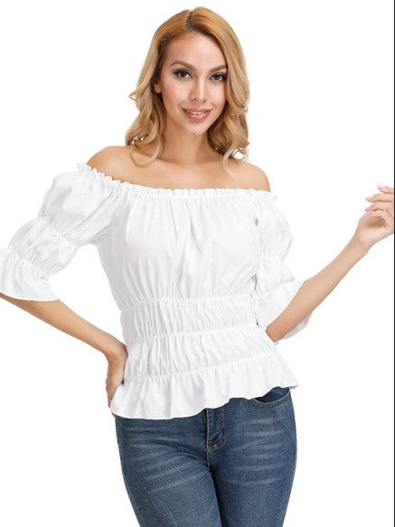 Half Sleeves Tees Black Pleated Off-The-Shoulder Women T Shirt
