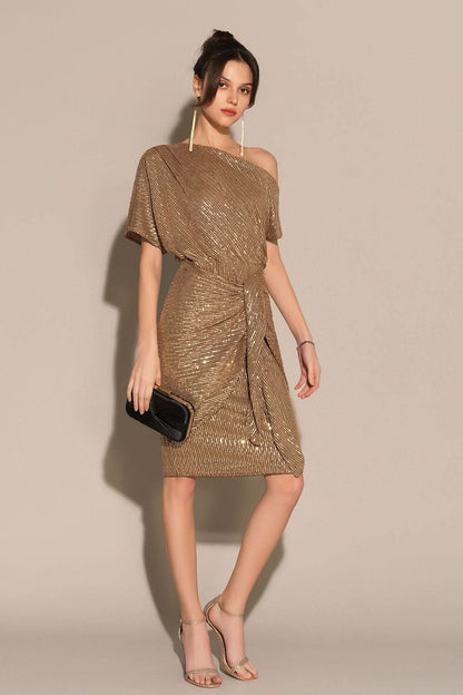 One Shoulder Sequin Pinstripe Knot Waist Draped Mini Dress
