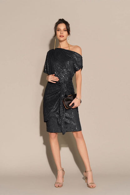 One Shoulder Sequin Pinstripe Knot Waist Draped Mini Dress