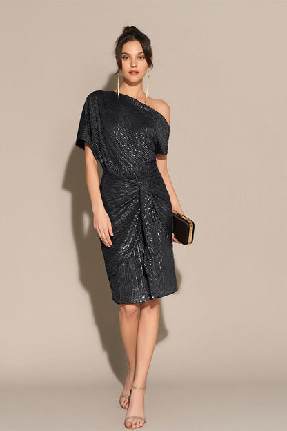 One Shoulder Sequin Pinstripe Knot Waist Draped Mini Dress