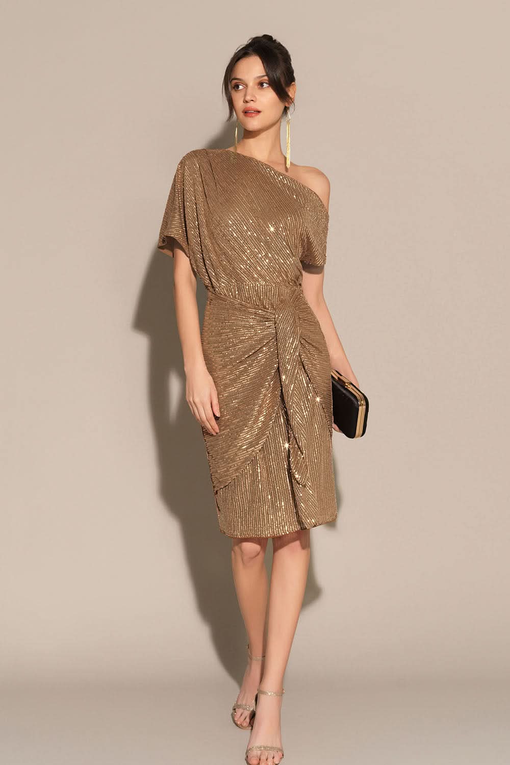 One Shoulder Sequin Pinstripe Knot Waist Draped Mini Dress