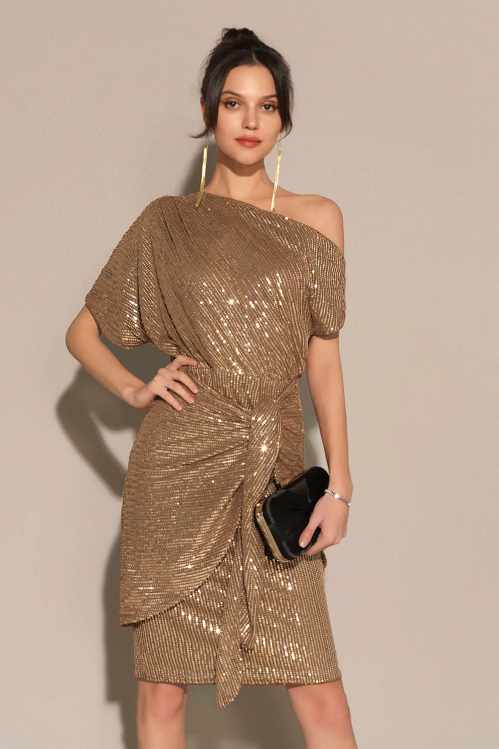 One Shoulder Sequin Pinstripe Knot Waist Draped Mini Dress