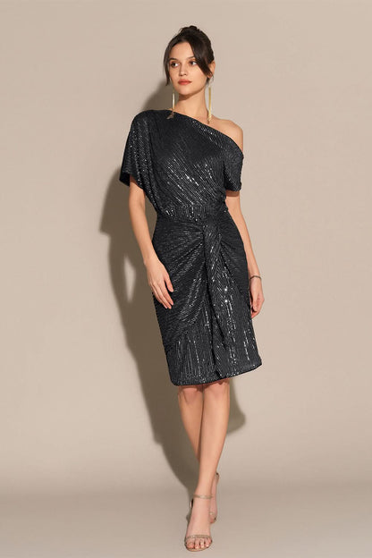 One Shoulder Sequin Pinstripe Knot Waist Draped Mini Dress