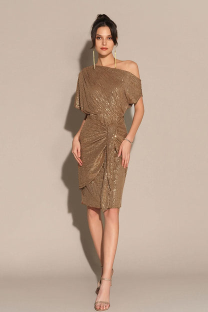 One Shoulder Sequin Pinstripe Knot Waist Draped Mini Dress