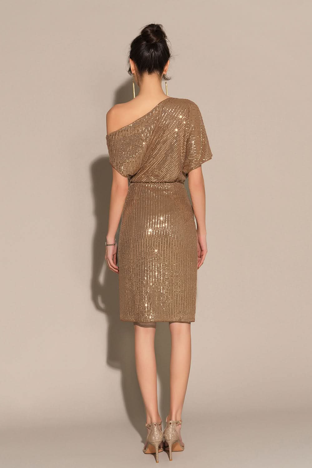 One Shoulder Sequin Pinstripe Knot Waist Draped Mini Dress