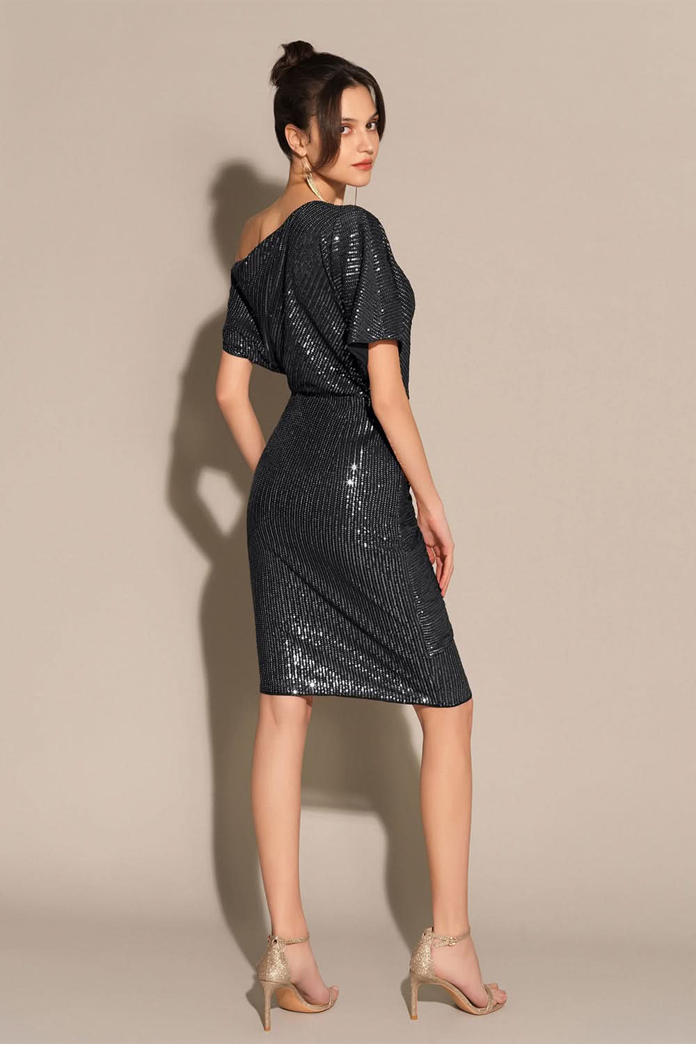 One Shoulder Sequin Pinstripe Knot Waist Draped Mini Dress