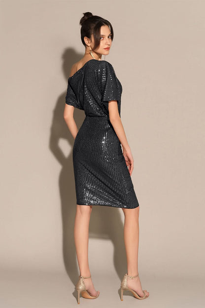 One Shoulder Sequin Pinstripe Knot Waist Draped Mini Dress