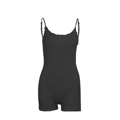 Bowknot lace hem ribbed cami romper