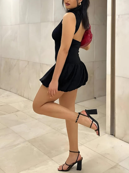 Mock Neck Ribbed Drop Waist Bubble Hem Backless Mini Dress