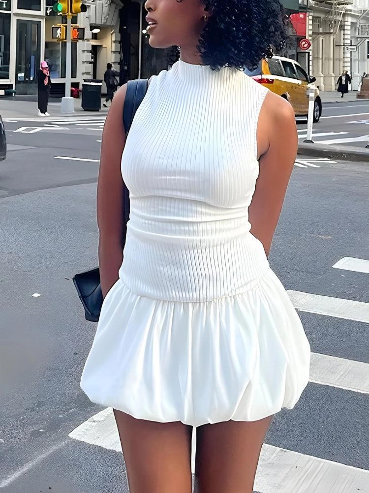 Mock Neck Ribbed Drop Waist Bubble Hem Backless Mini Dress