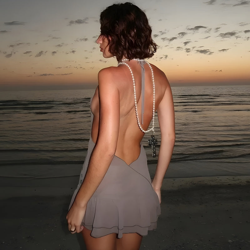 Halter Deep V-Neck Sequin Embellished Tiered Ruffle Backless Mini Dress