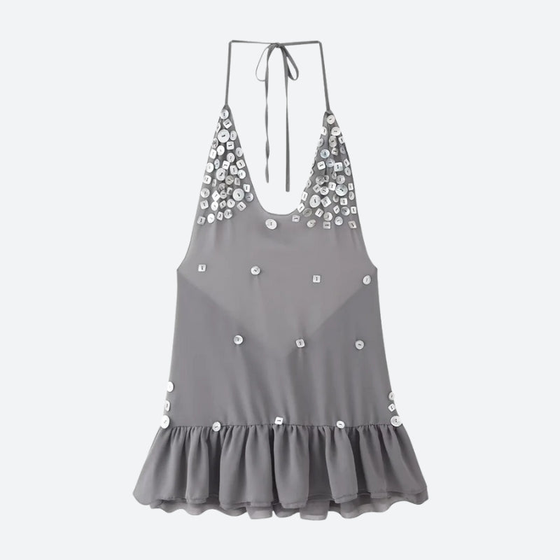 Halter Deep V-Neck Sequin Embellished Tiered Ruffle Backless Mini Dress
