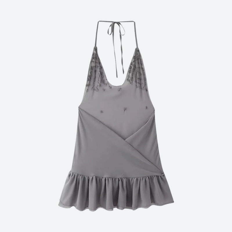 Halter Deep V-Neck Sequin Embellished Tiered Ruffle Backless Mini Dress