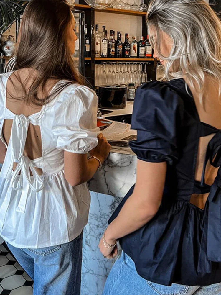 Backless Lace Up Bow Short Sleeve Blouse