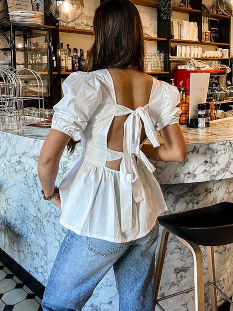 Backless Lace Up Bow Short Sleeve Blouse