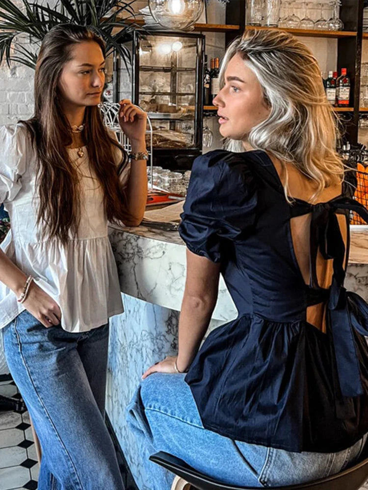 Backless Lace Up Bow Short Sleeve Blouse