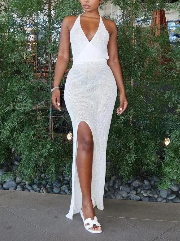 Crochet Rib Knit Surplice V-Neck High Slit Backless Midi Dress