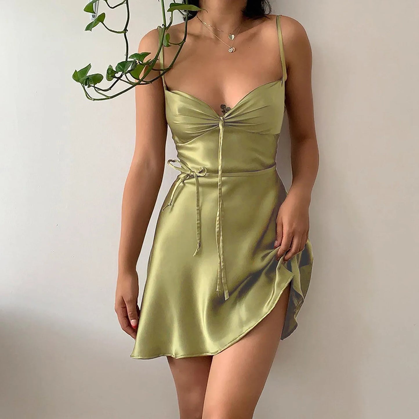 Backless V-neck Satin Slip Vacation Dress
