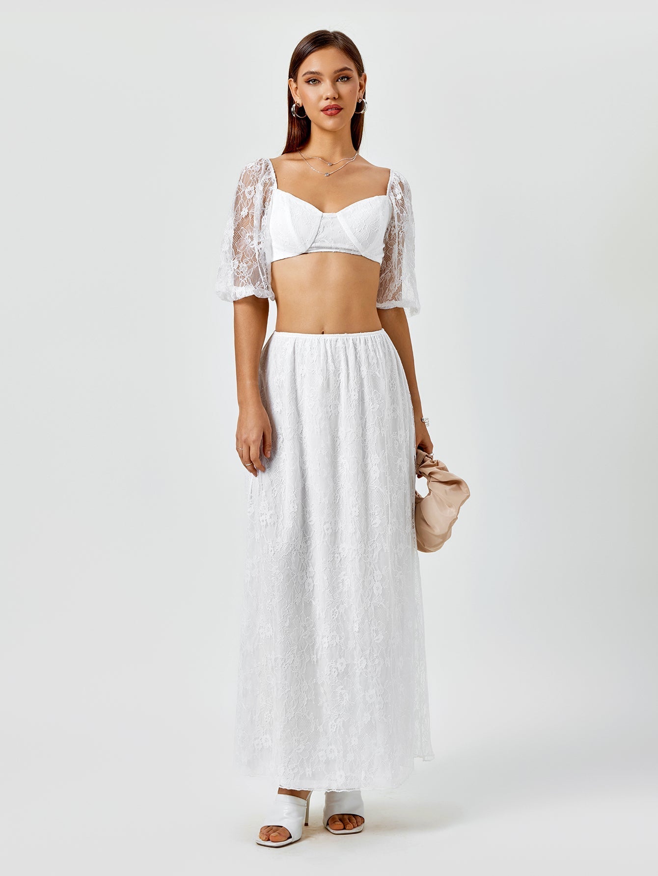 Backless Zipper Lace Crop Top&Lace A-Line Skirt