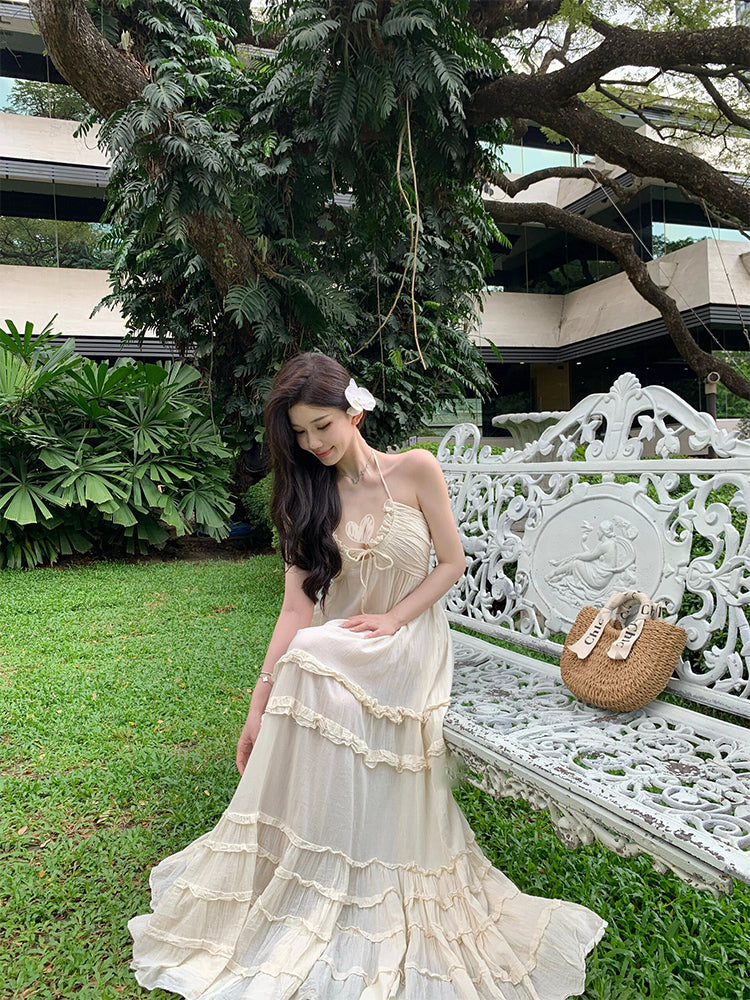 Backless Halter Layered Maxi Dress Romantic Beachwear